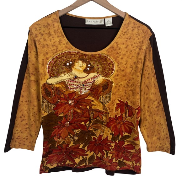 Jane Ashley Tops - VTG JANE ASHLEY Art Nouveau Graphic Sequin Floral Cotton Top Sz L Brown Mustard